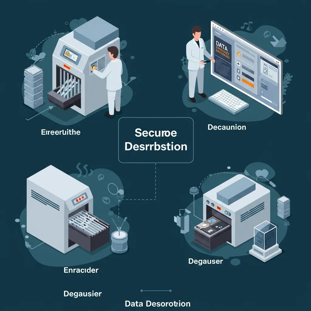 Illustration of various data destruction methods including shredding and software erasure