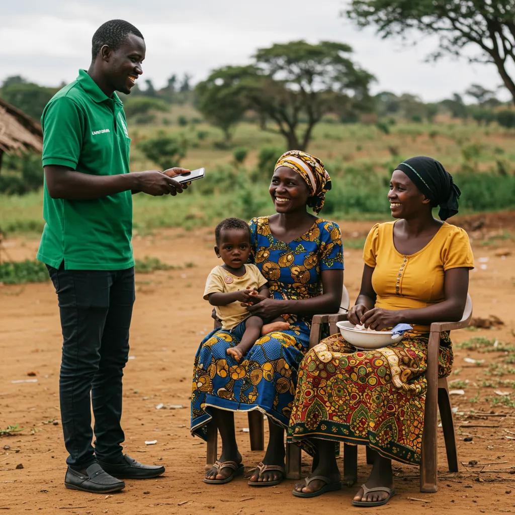 Local agent helping a rural family with mobile money transactions in Africa