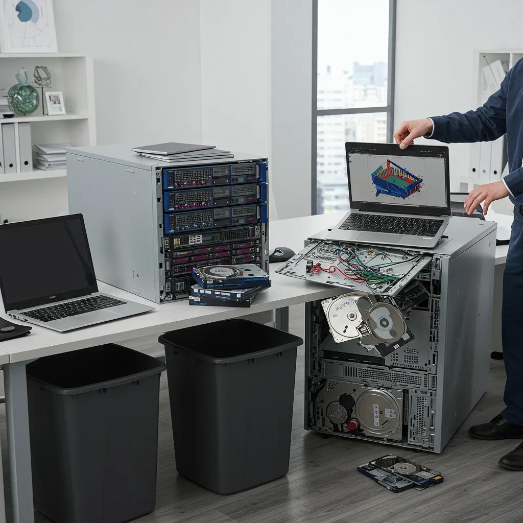 Modern office scene showcasing secure IT asset disposal with laptops and servers