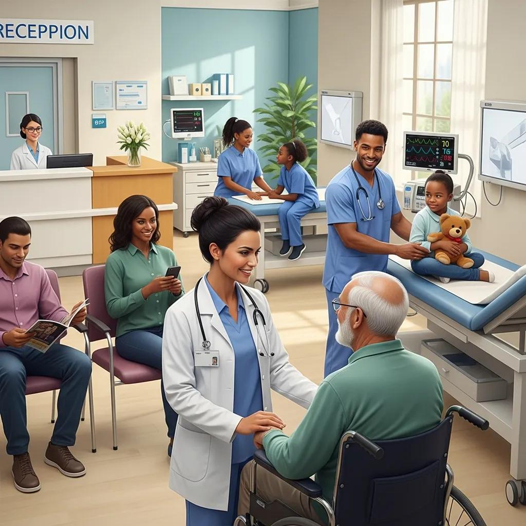 Healthcare professionals assisting patients in a modern medical facility, emphasizing the theme of medical care
