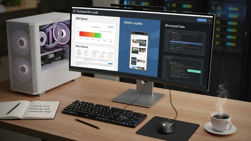 Computer screen showing a technical SEO audit report, highlighting site speed and structured data