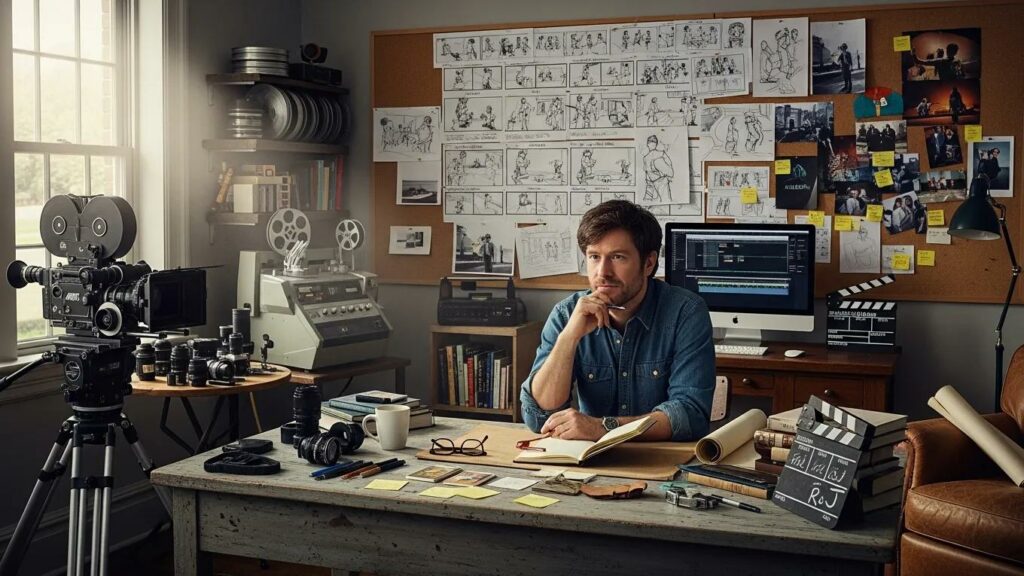 Director Rian Johnson in his creative workspace, showcasing his filmmaking style and artistic vision