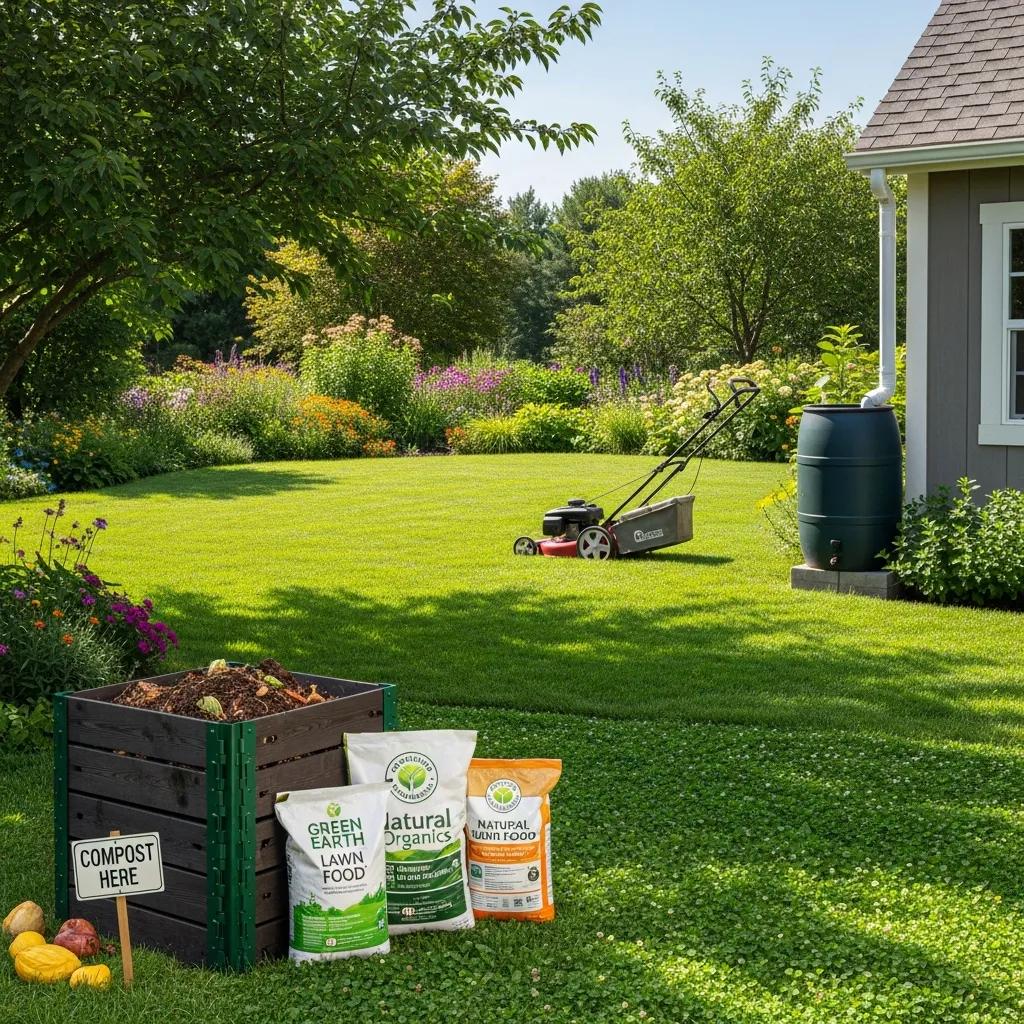 Eco-friendly lawn care practices with compost bin and organic fertilizers in a lush garden setting, promoting sustainability.