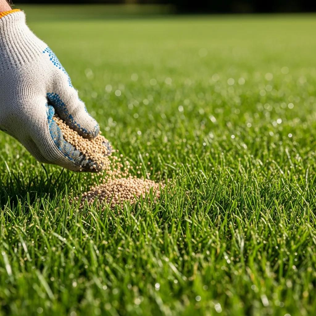 Lawn care professional applying granular fertilizer to a healthy lawn, showcasing effective fertilization techniques.