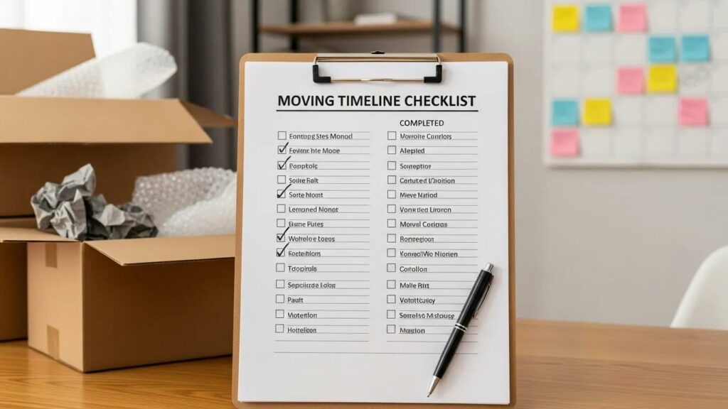 Moving timeline checklist on a clipboard in a home office setting