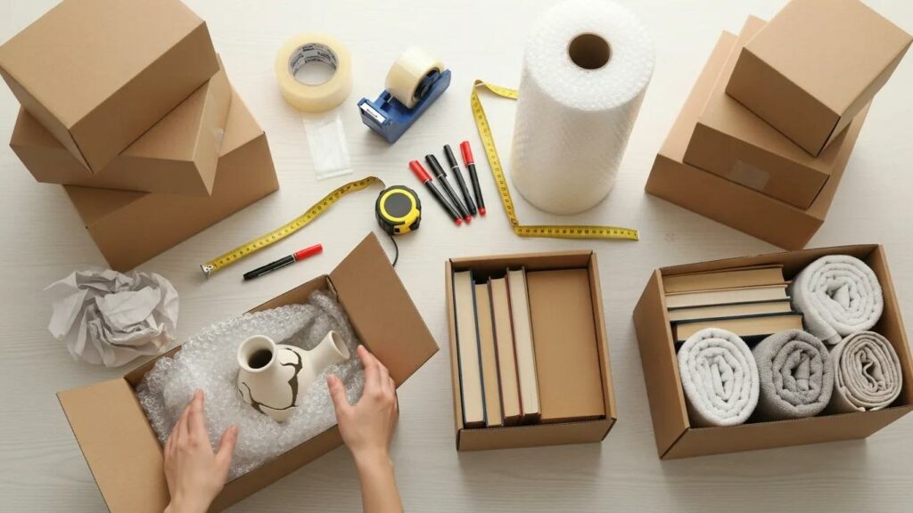 Packing supplies including boxes, bubble wrap, and tape arranged on a table for moving
