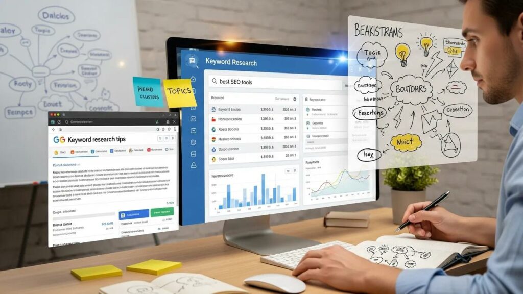 Person conducting keyword research on a computer, surrounded by SEO analysis tools and notes
