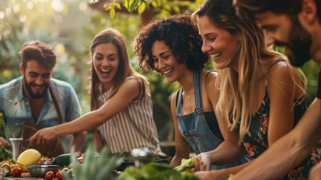 Friends participating in a cooking class, illustrating the delight of shared experiences