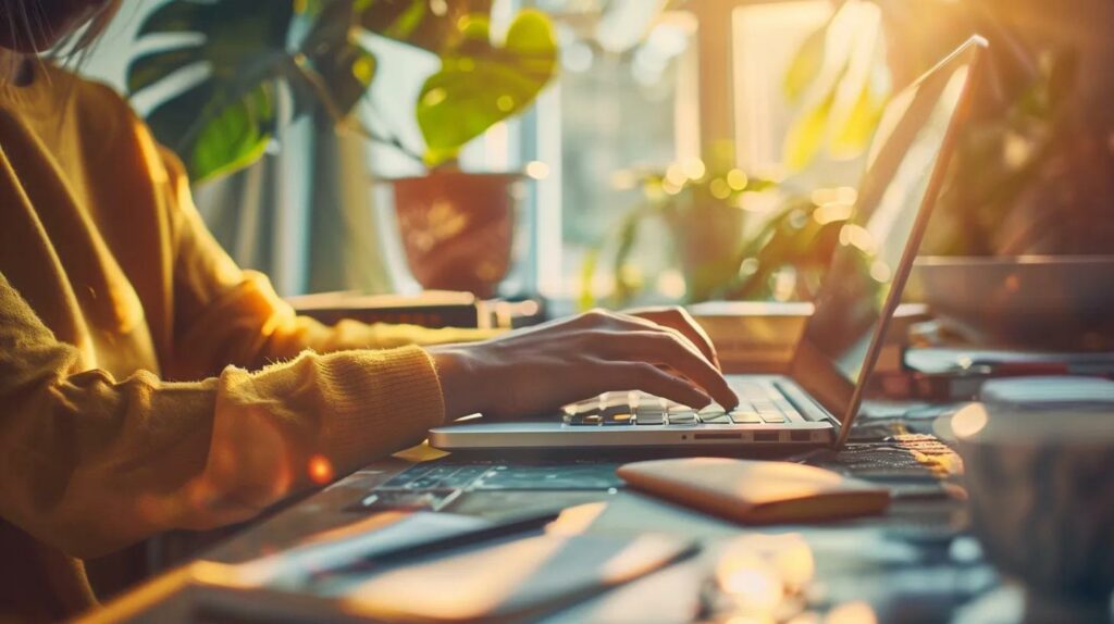 Hands working on a laptop surrounded by resources for essential future skills