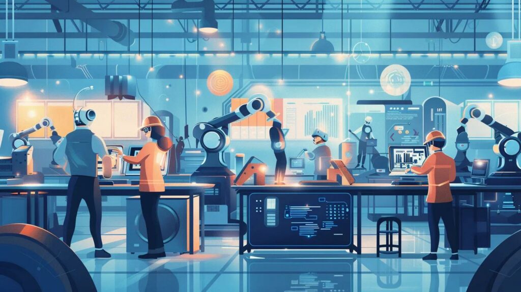 Futuristic workspace with humans and AI collaborating on tasks