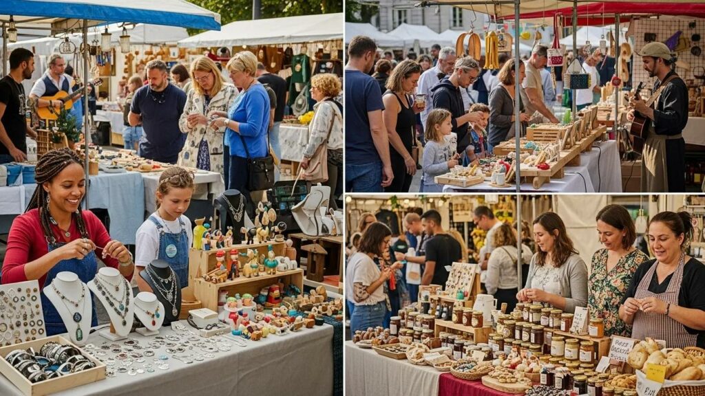 A lively marketplace with local artisans displaying unique handmade gifts, emphasizing the value of sourcing distinctive items.