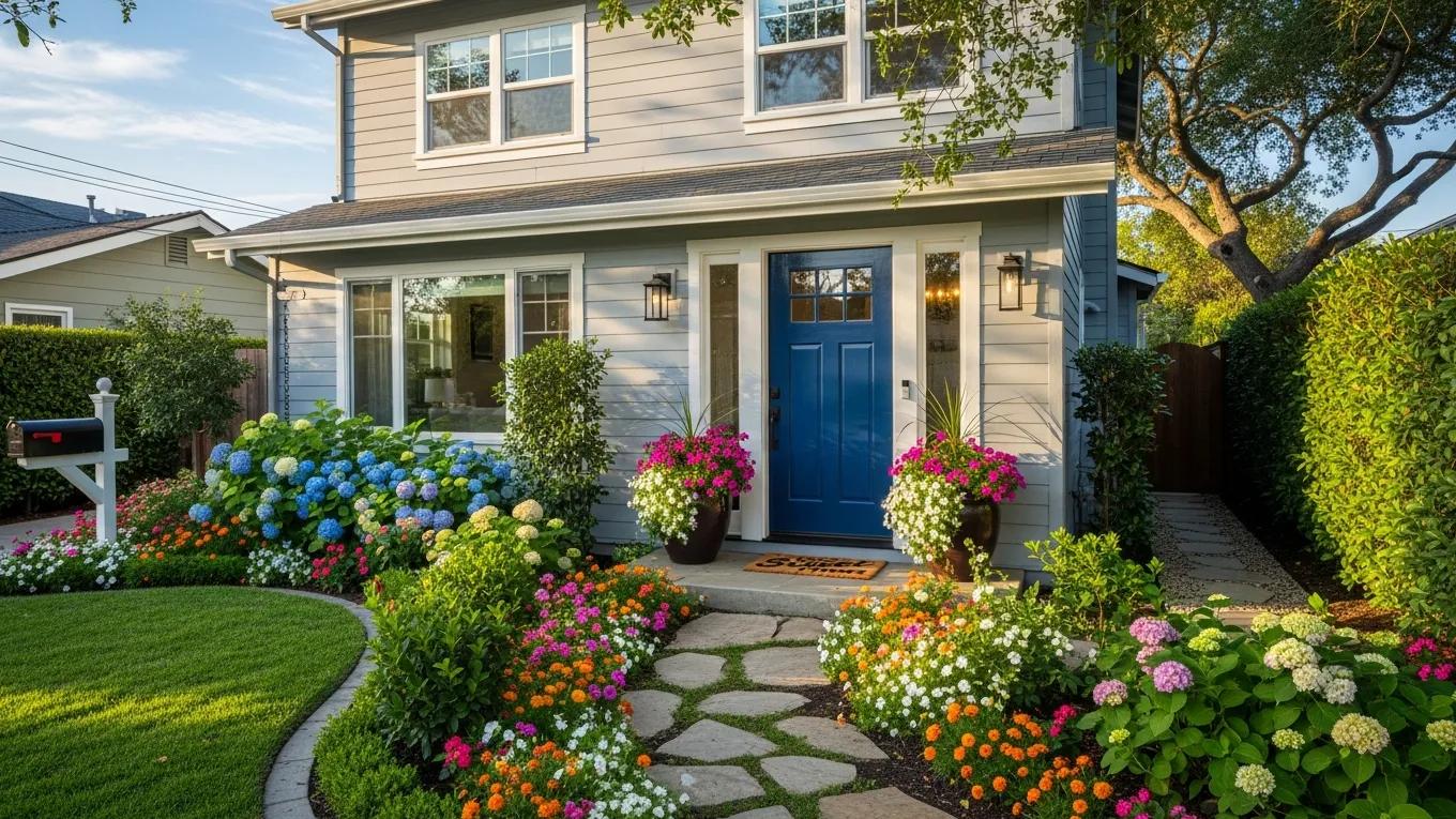 A well-maintained home exterior with a beautiful garden, representing home improvement themes