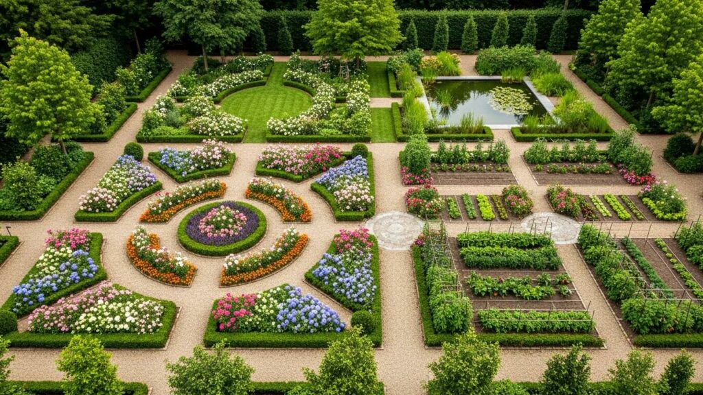 Aerial view of a well-planned large garden layout, highlighting effective design and zoning strategies