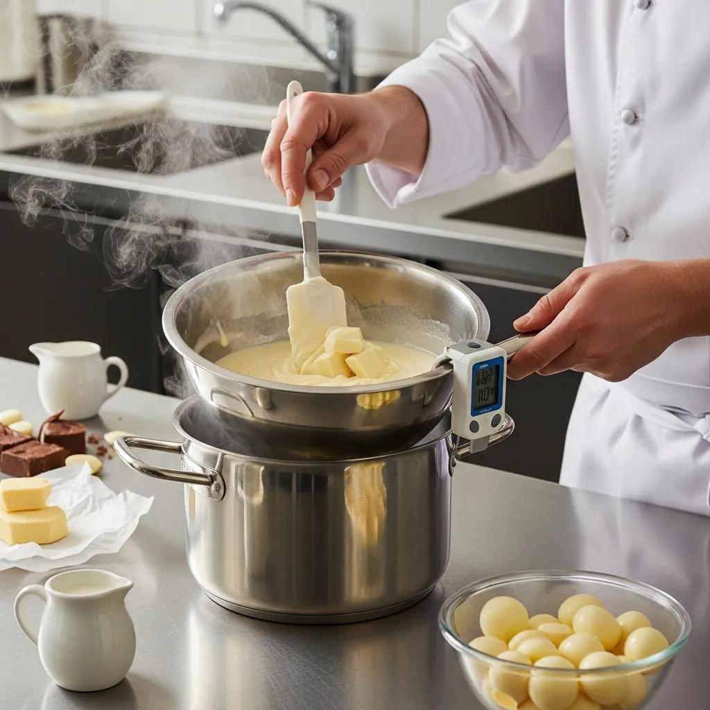 Chef melting white chocolate in a double boiler, showcasing the technique and ingredients involved in tempering