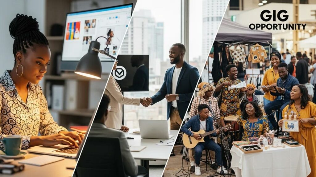 Collage of African creators exploring monetization pathways: digital products, brand sponsorships, and gig opportunities