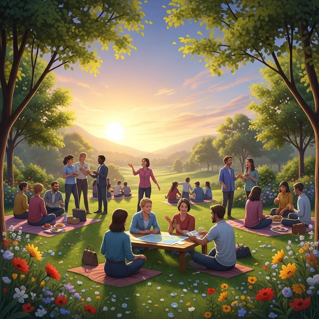 Community gathering promoting peace and dialogue in a serene landscape