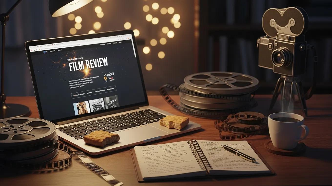 Cozy film analysis workspace with laptop, film reels, and notepad