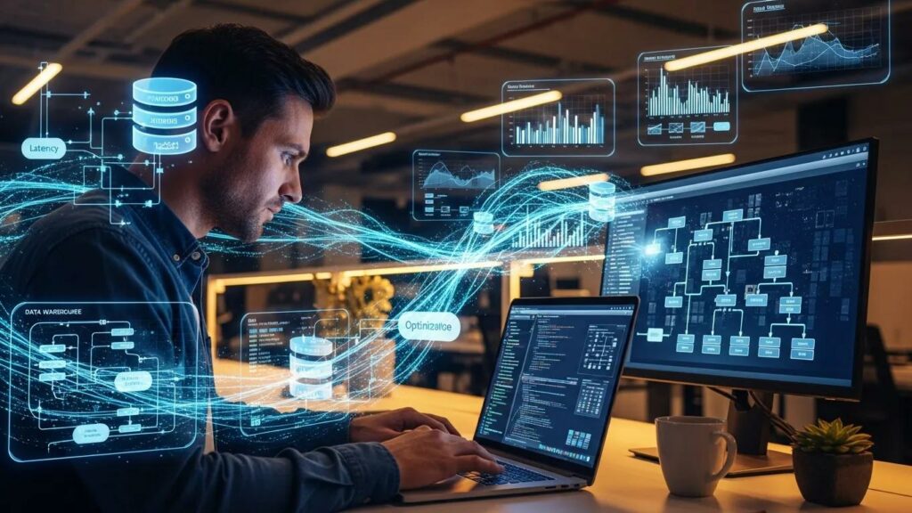 Data engineer optimizing a data warehouse in a modern tech workspace