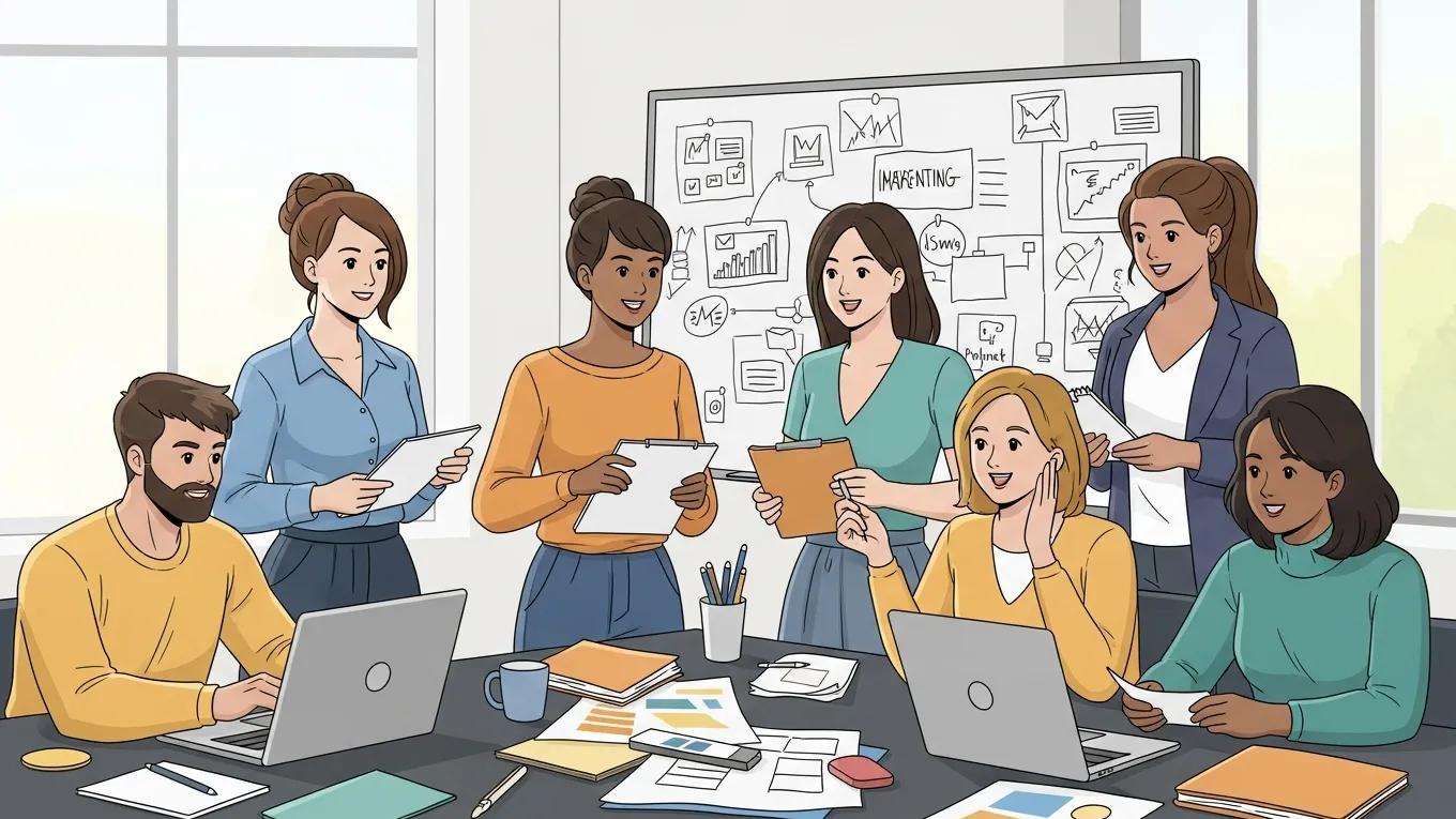 Diverse influencers collaborating in a modern workspace for a marketing campaign