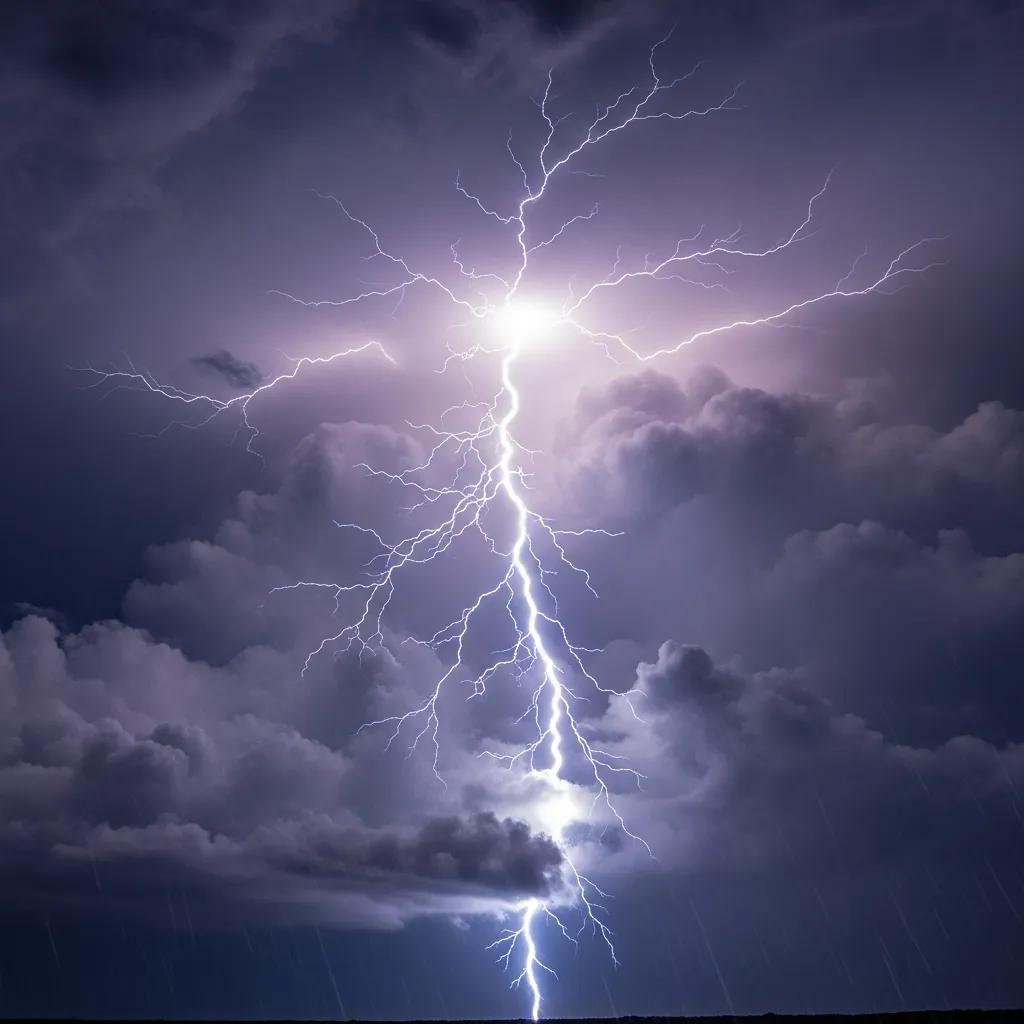 Dramatic lightning bolt striking down from a stormy sky, showcasing the immense energy of lightning