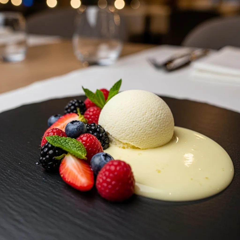 Elegant dessert featuring white chocolate ganache and mousse, garnished with fresh berries and mint leaves