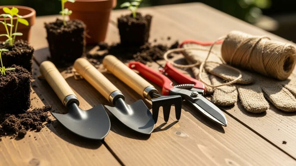 Essential gardening tools including shovel, trowel, and hoe, emphasizing their importance for large garden care