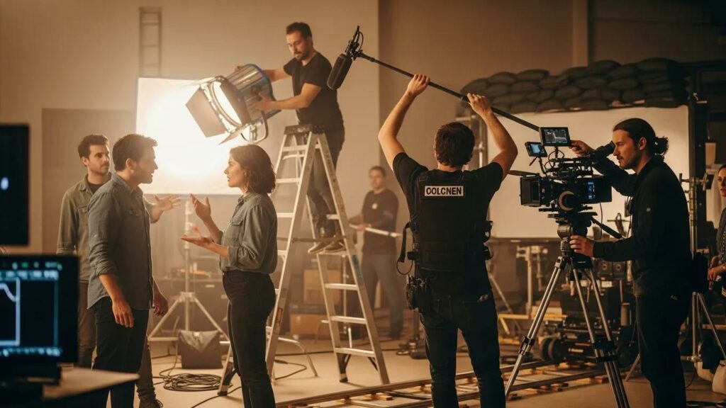 Film cast and production team working on set during filming
