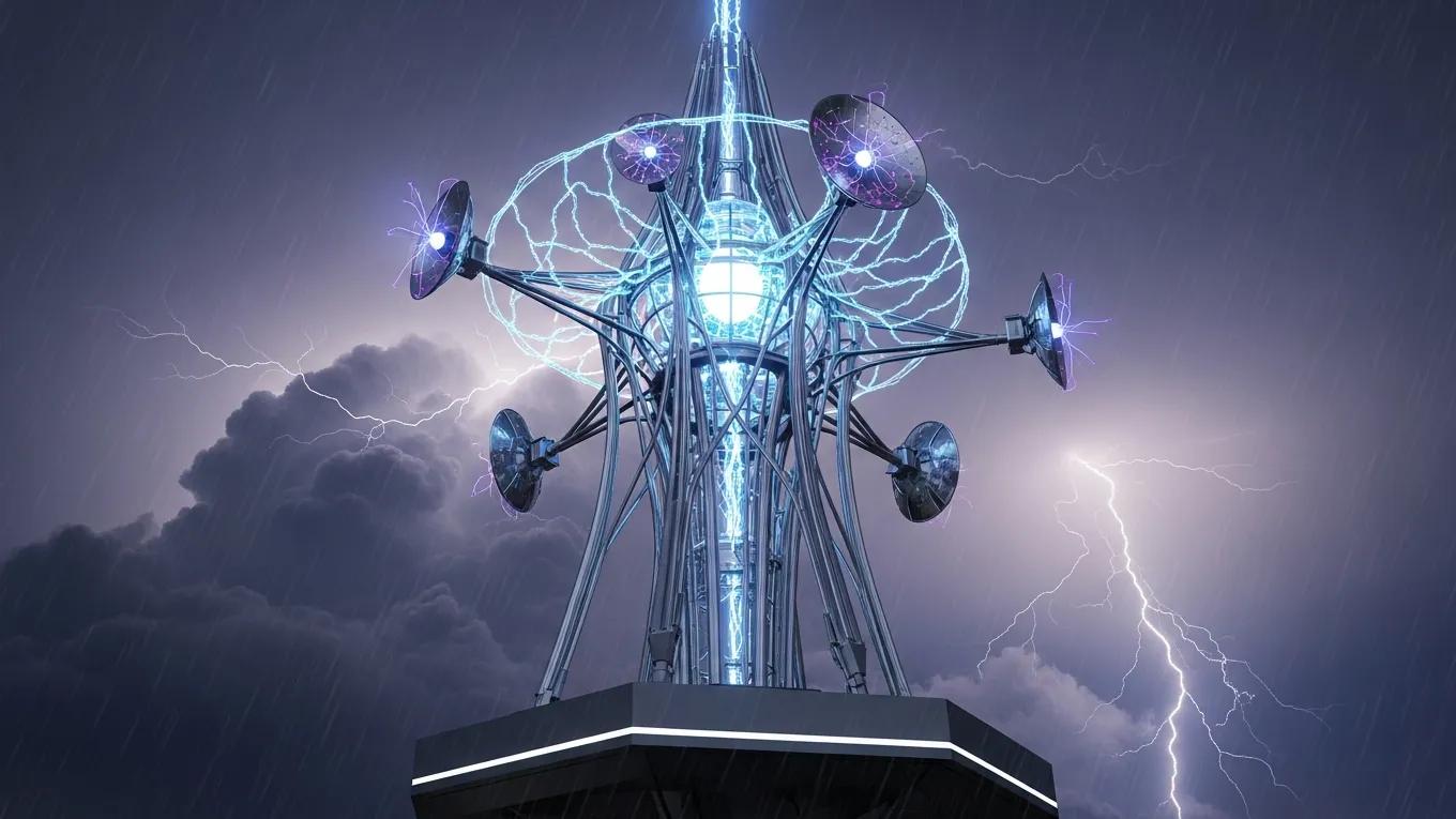 Futuristic energy harvesting device against a stormy sky, illustrating challenges of capturing lightning energy