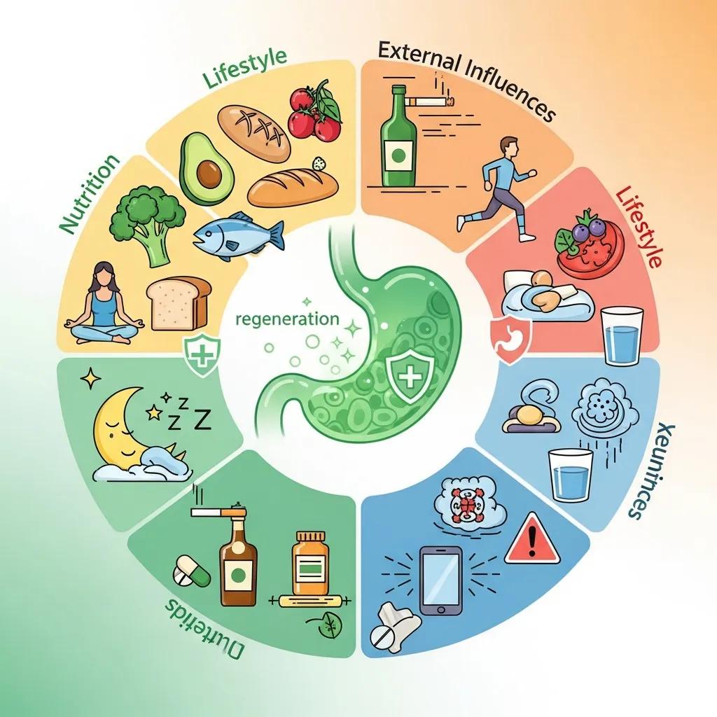 Graphic representation of factors influencing gastric mucosa regeneration, including nutrition and lifestyle impacts