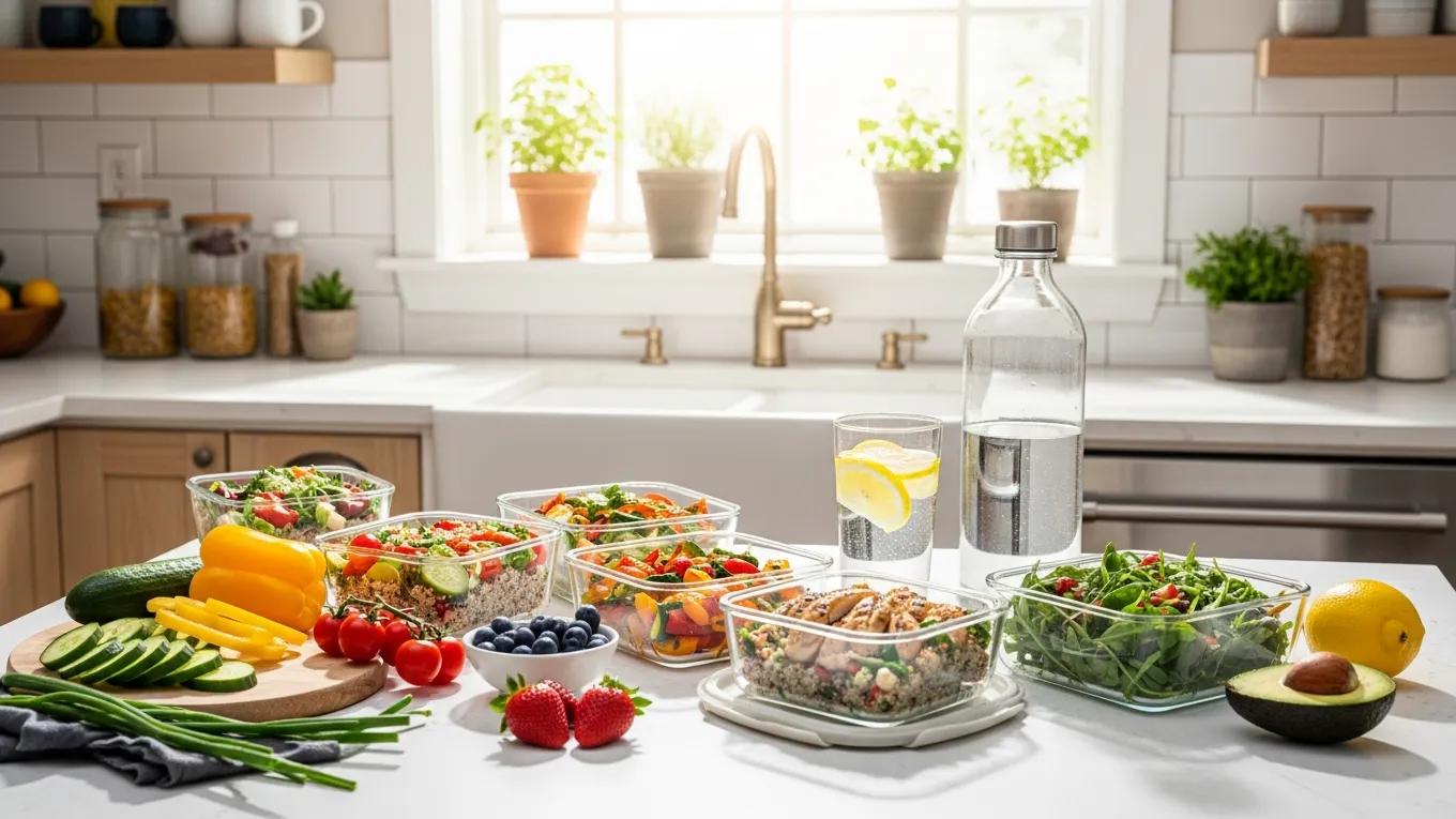 Healthy meal prep for intermittent fasting with fresh fruits and vegetables in a bright kitchen