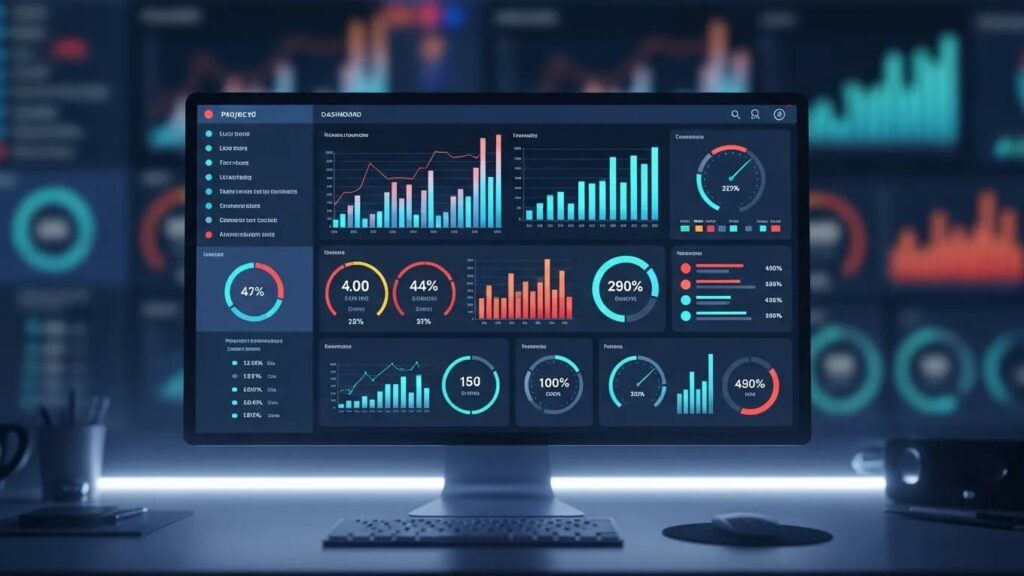 High-tech dashboard showcasing live metrics and performance indicators in a modern workspace