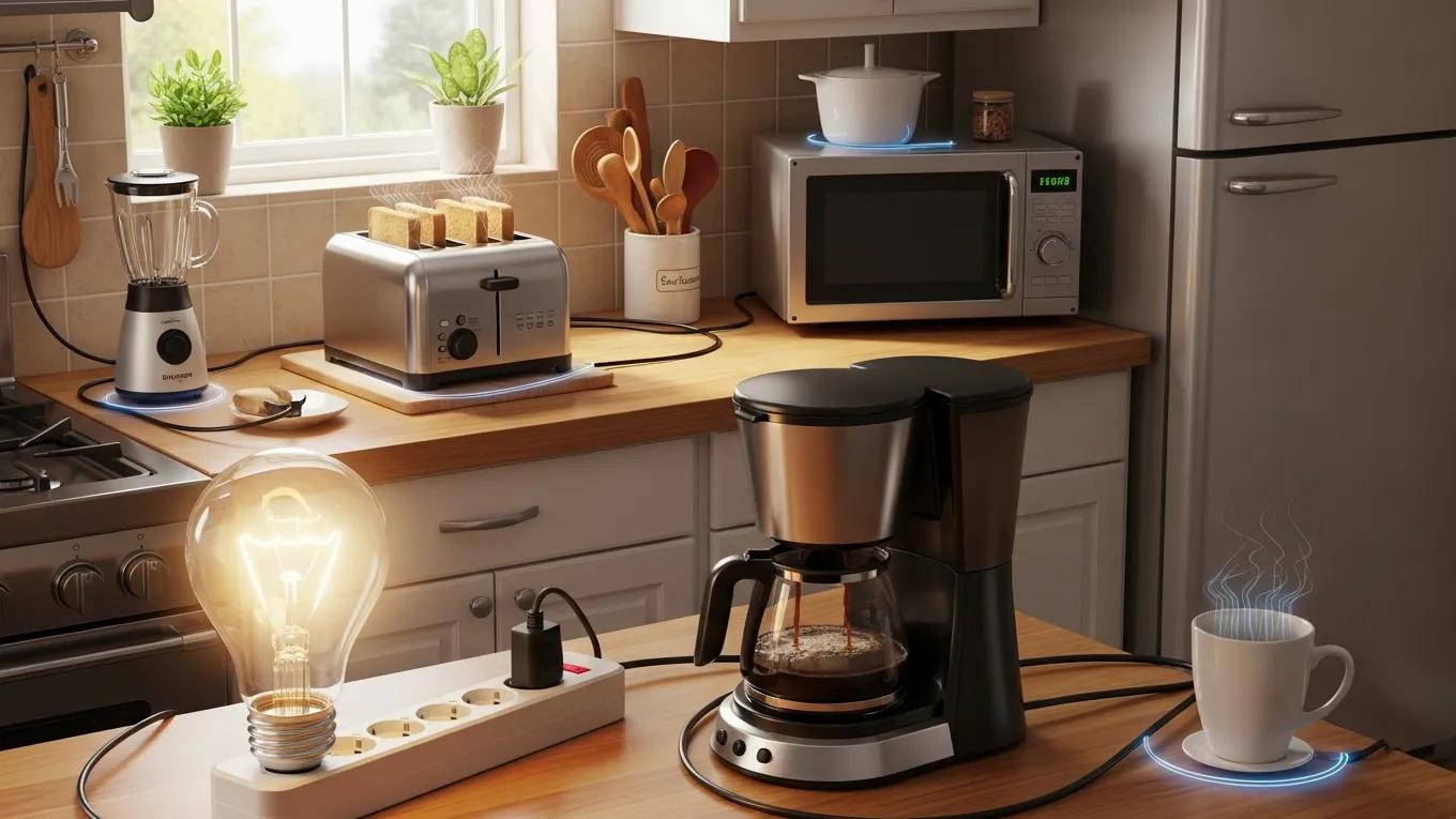 Household appliances illustrating energy consumption, emphasizing practical energy comparisons