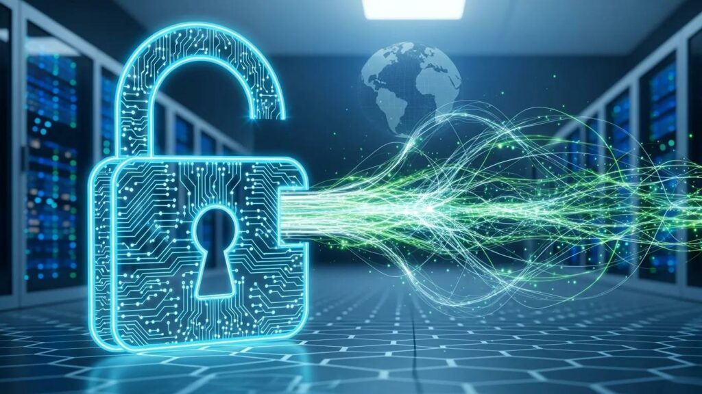 Illustration of encryption technology with a digital padlock and data streams