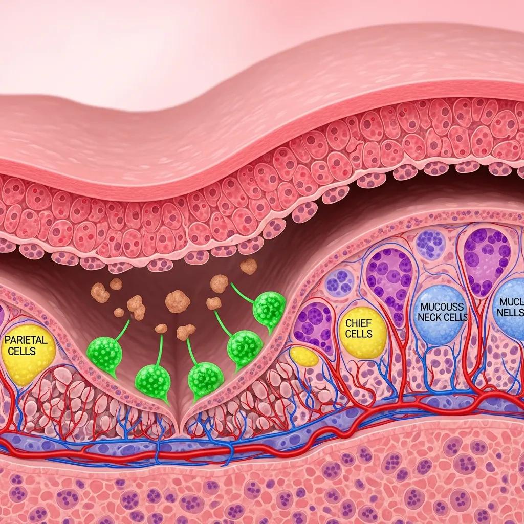 Illustration of gastric mucosa renewal process showcasing epithelial cell regeneration in the stomach