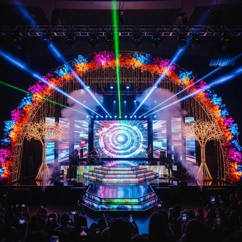 Immersive event set design with colorful backdrops and dynamic lighting
