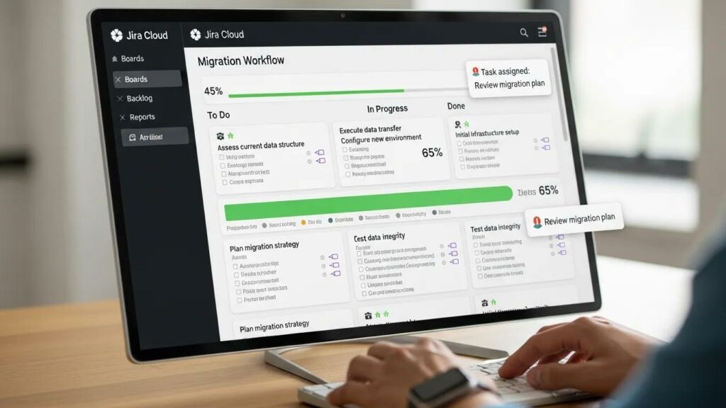 Integration of Jira Cloud in migration workflow with a dashboard displaying tasks