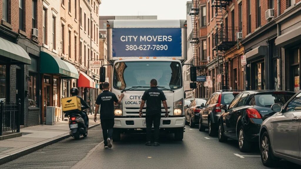 Local movers navigating a busy urban street with expertise