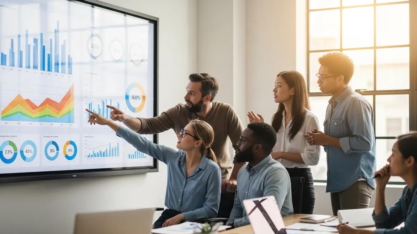 Marketing team analyzing performance metrics in a bright office