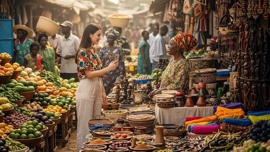 Micro-influencer capturing content in a vibrant local African market, emphasizing community and authenticity