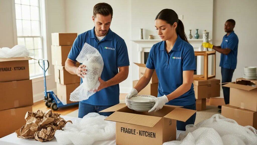 Movers packing fragile items with care and attention to detail