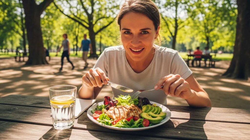 Person enjoying a healthy meal outdoors, illustrating the benefits of intermittent fasting