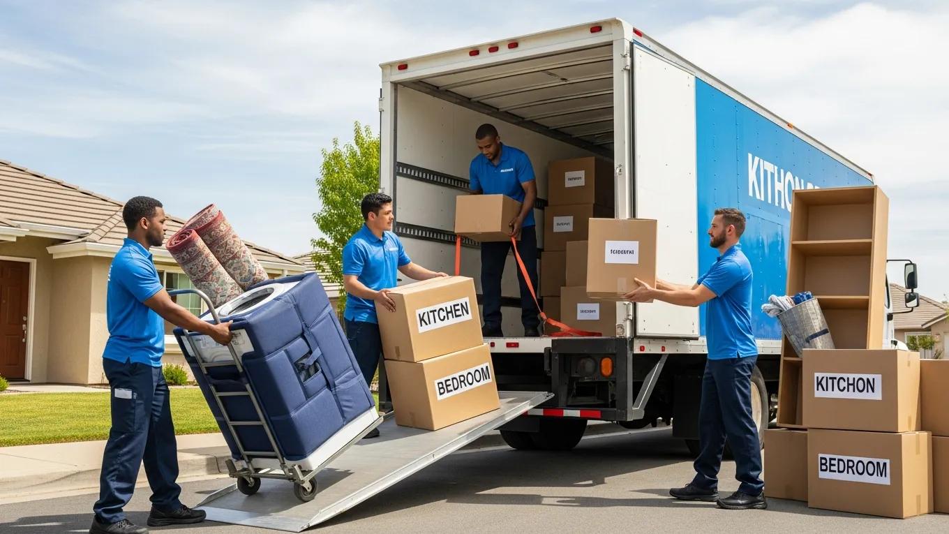Professional movers packing household items into a truck for relocation
