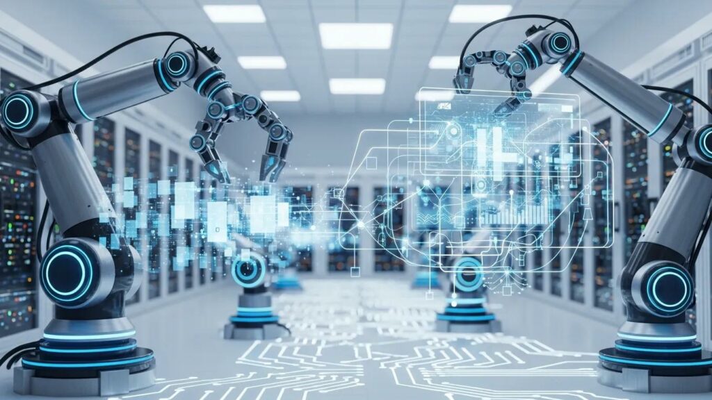 Representation of automation in business with robotic arms interacting with data streams, symbolizing efficiency