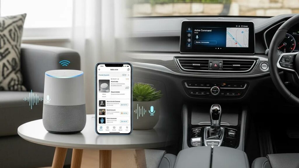 Smart devices including a smart speaker and smartphone showcasing voice search optimization features