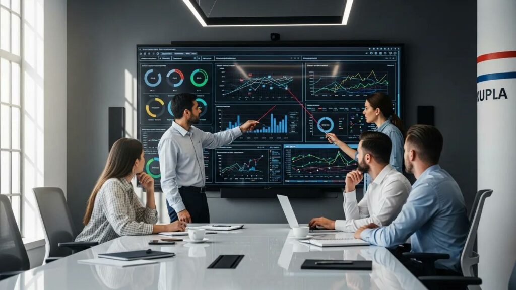 Team analyzing forecasting tools in a modern workspace