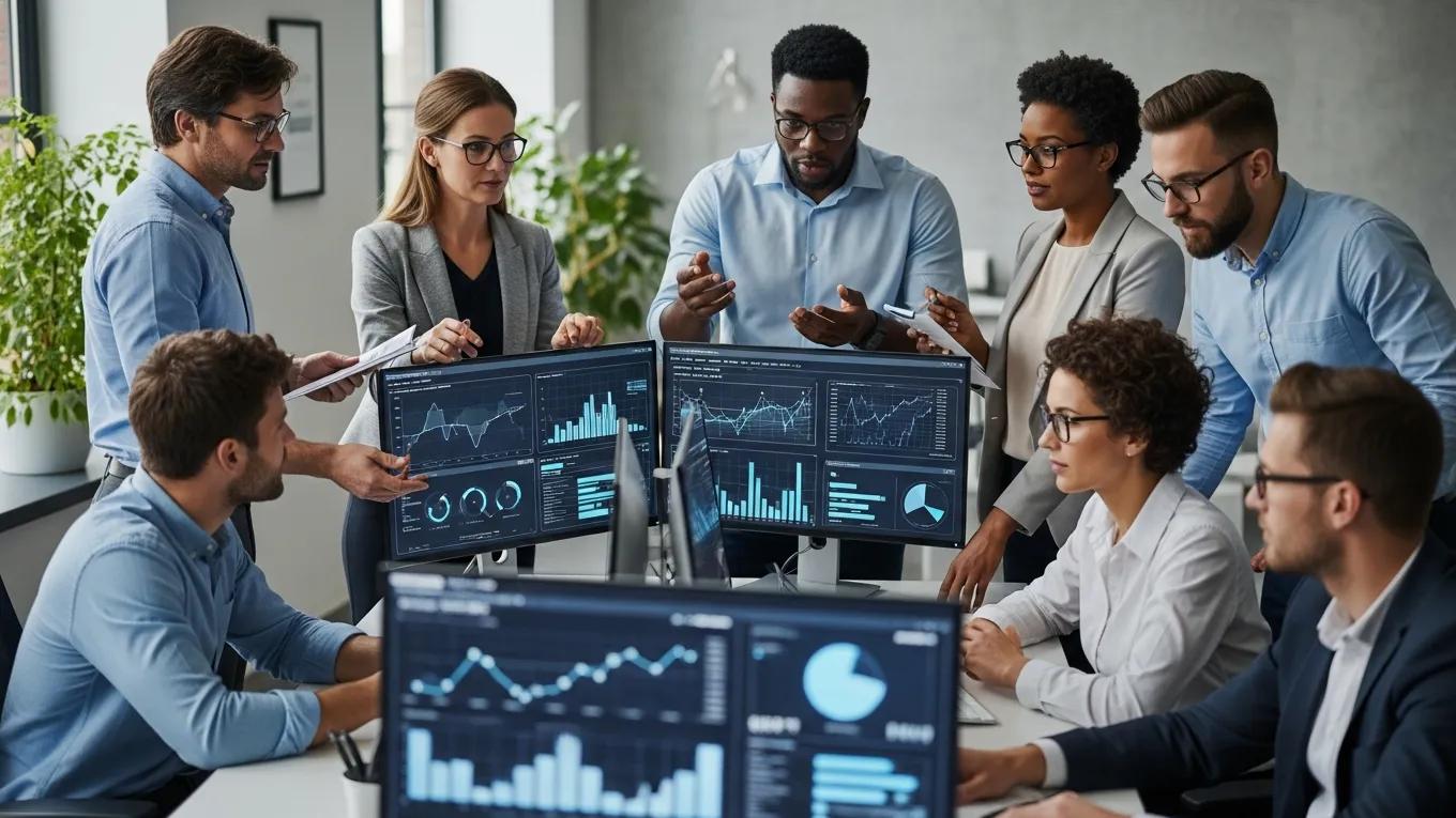 Team analyzing real-time data in a modern office setting, emphasizing collaboration and technology