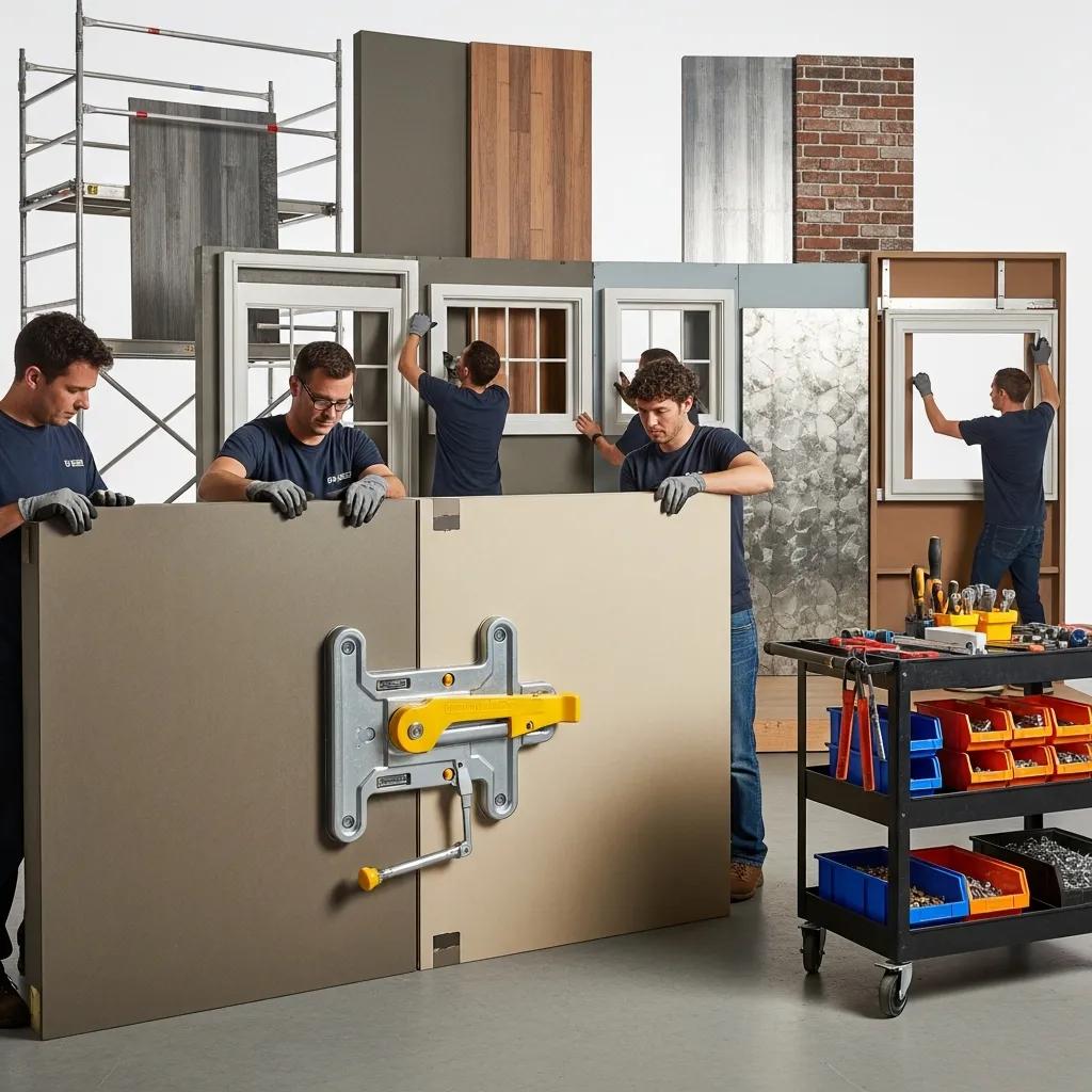 Team assembling a modular set design showcasing flexibility and adaptability