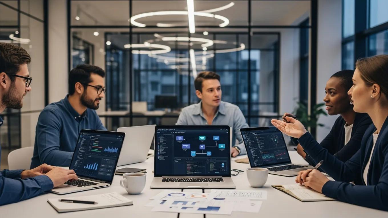 Team collaborating on Sobersdata Cloud Data Integration solutions for Jira in a modern workspace