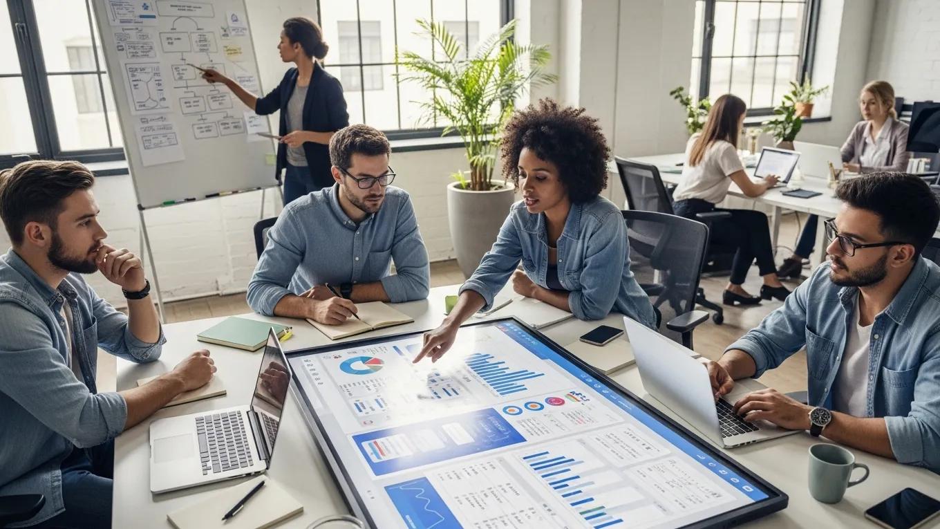 Team collaboration in a modern office setting focused on custom databases and workflow optimization