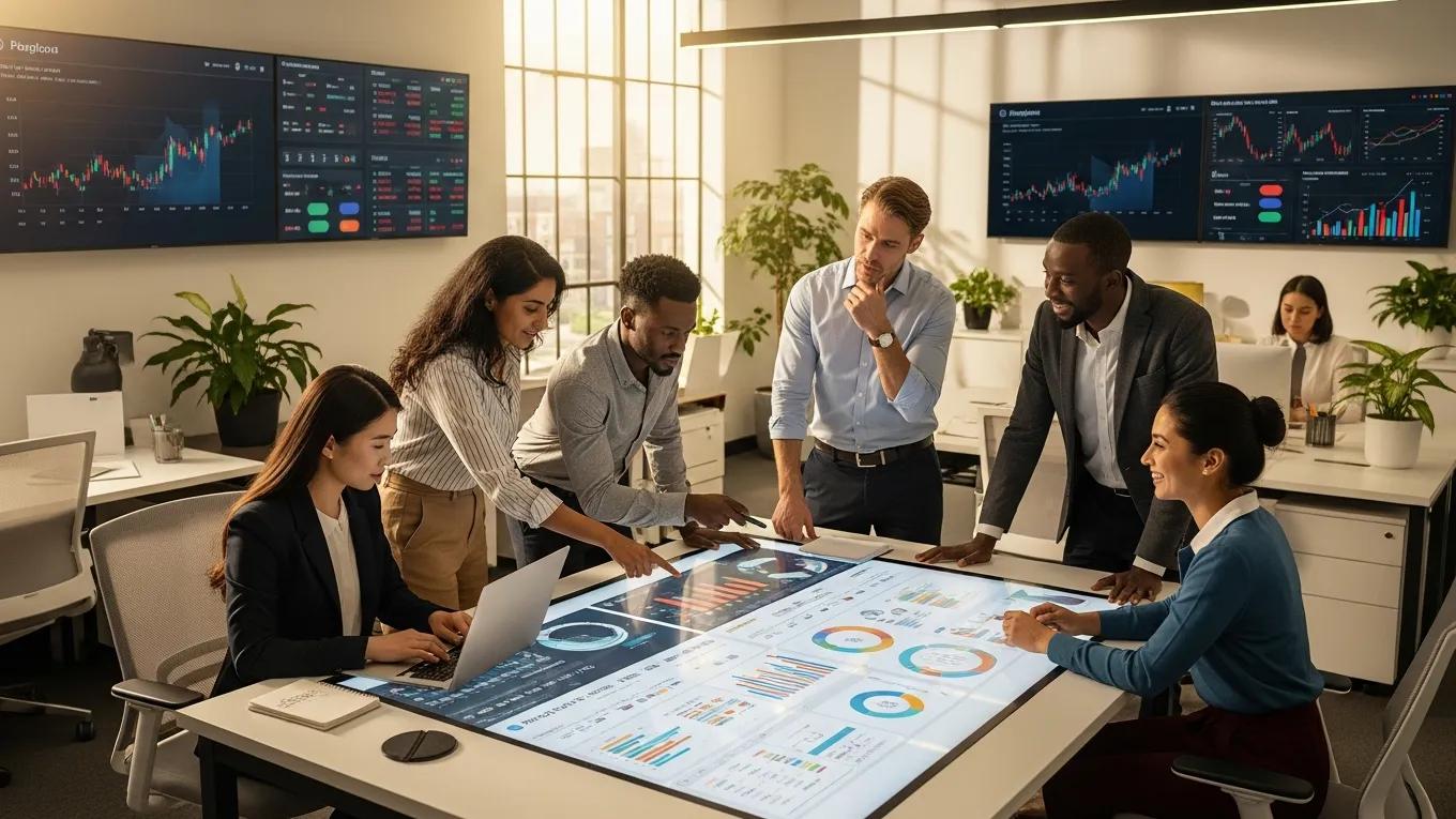 Team collaboration in a modern office with digital project management tools and financial data